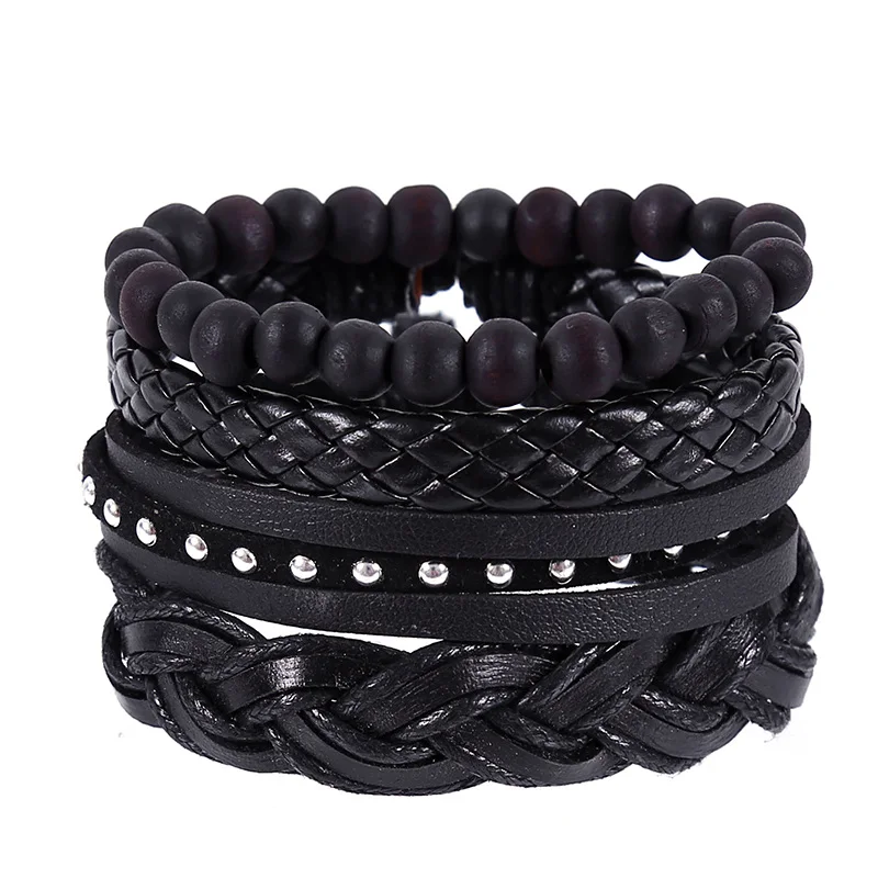 4pcs/set hippie punk classic all black silver rivet charm leather knots braiding wide Bracelets Bangles for man hand jewelry