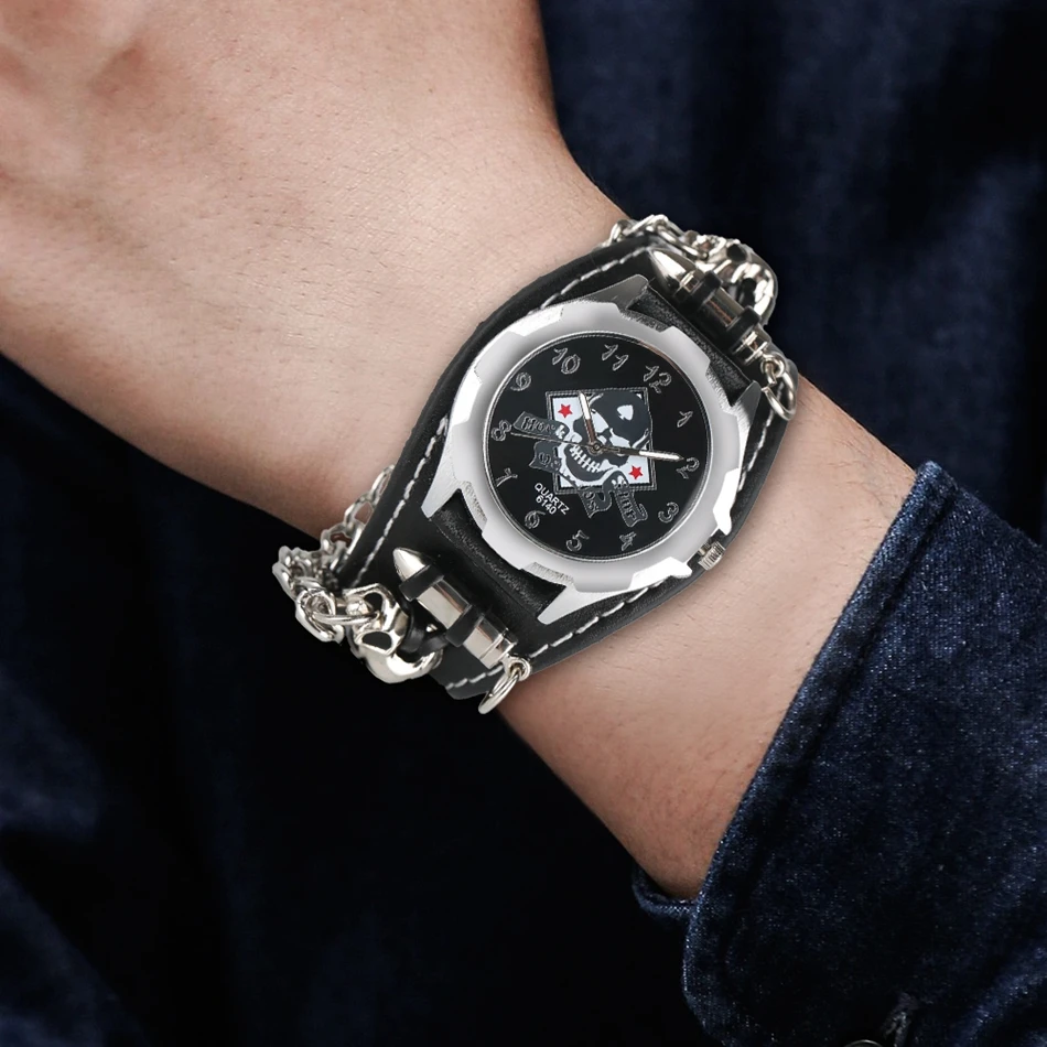 YISUYA Quartz Watch Men Skull Bullet Bracelet Wristwatch Gothic Style Cool Punk Chain Watches Leather Strap Men Dress Xmas Gift (7)