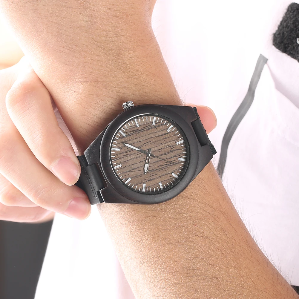 

Handmade Quartz Black Sandalwood Wooden Watch Leather Band for Men Teens Practical Luminous Function Bamboo Wristwatch for Male