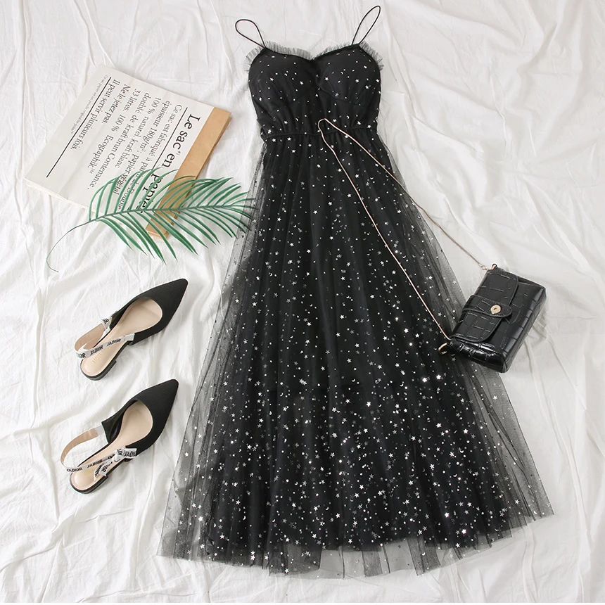 Billig Urlaub Sommer Glänzende Strand Kleider 2019 Neue Koreanische Süße Mesh Lange frauen Spaghetti Stern Pailletten Kleid Weibliche Vestidos