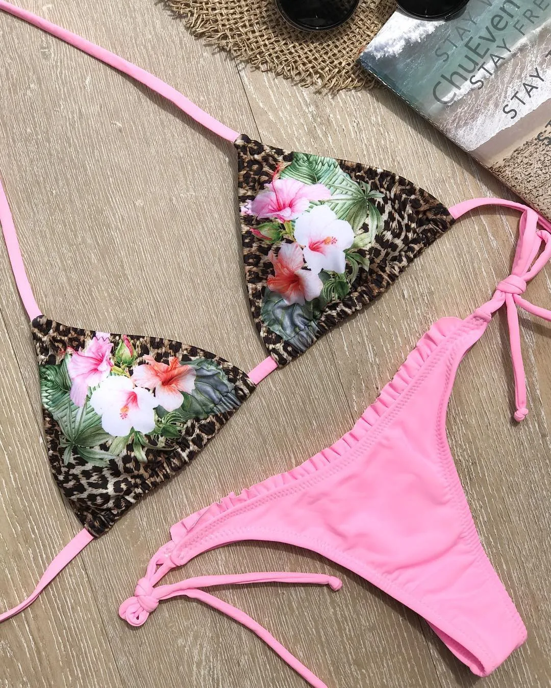 Pink Swimwear Women Floral Print Bikini Set 2018 Bandage Swimsuit Sexy ...