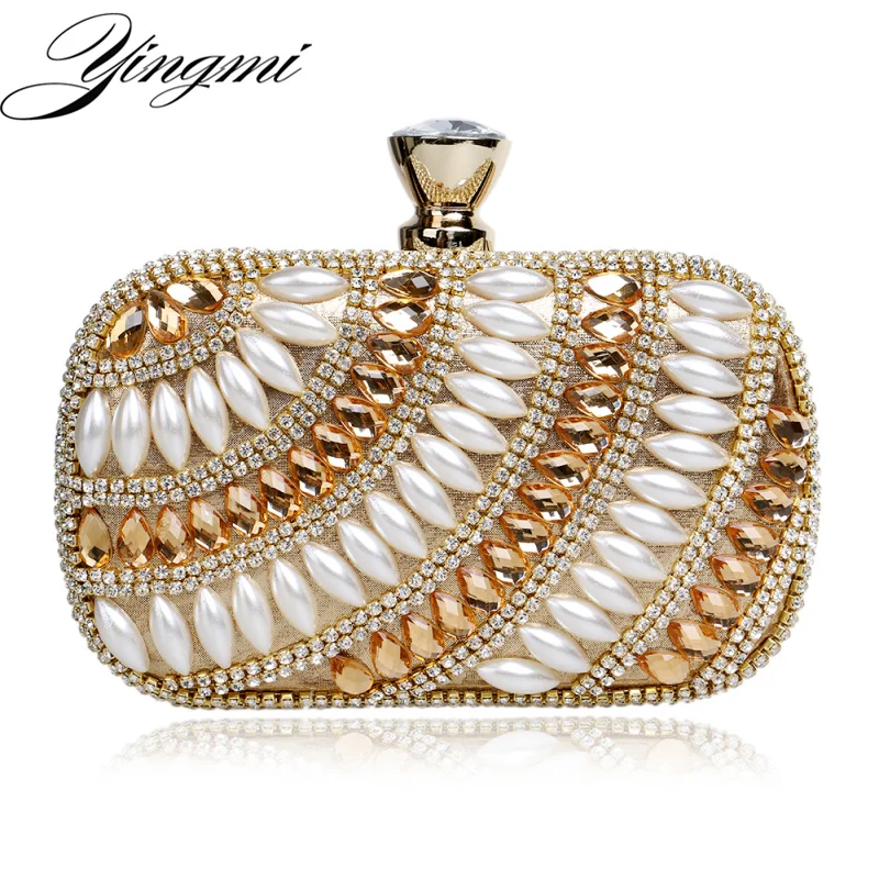 

YINGMI Acrylic Bling Bling Women Evening Bags Rhinestones Handbags With Chain Shoulder Bag Imitation Pearl Evening Bag