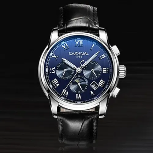 Карнавал moon фазный Автоматический Механические Мужские часы Китай роскошные известные бренды полный стали световой водонепроницаемые военные часы - Цвет: Blue black leather