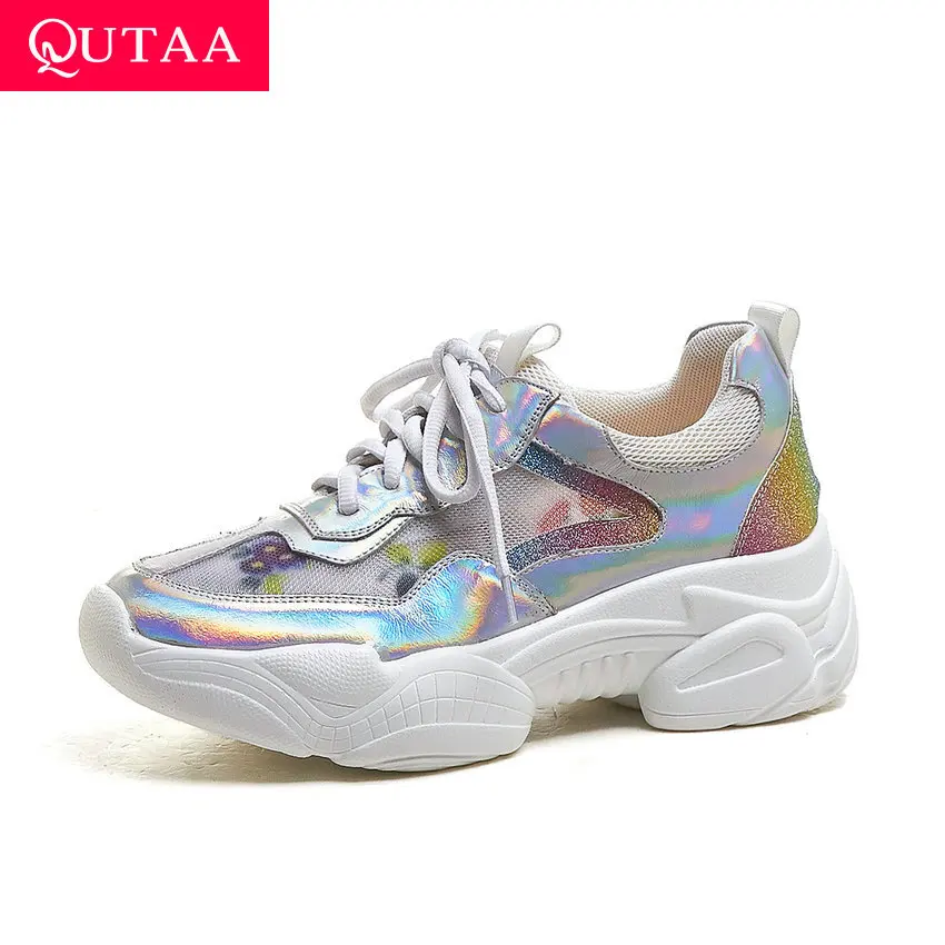 

QUTAA 2019 Fashion Mesh Genuine Leather Breathable Women Shoes Round Toe Platform Spring Lace Up Casual Sneakers Size 34-39