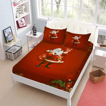 

Red Christmas Sheets Set Cartoon Santa Claus Gift Print Bed Sheet King Queen Fitted Sheet Pillowcase Festival Gift Home Decor