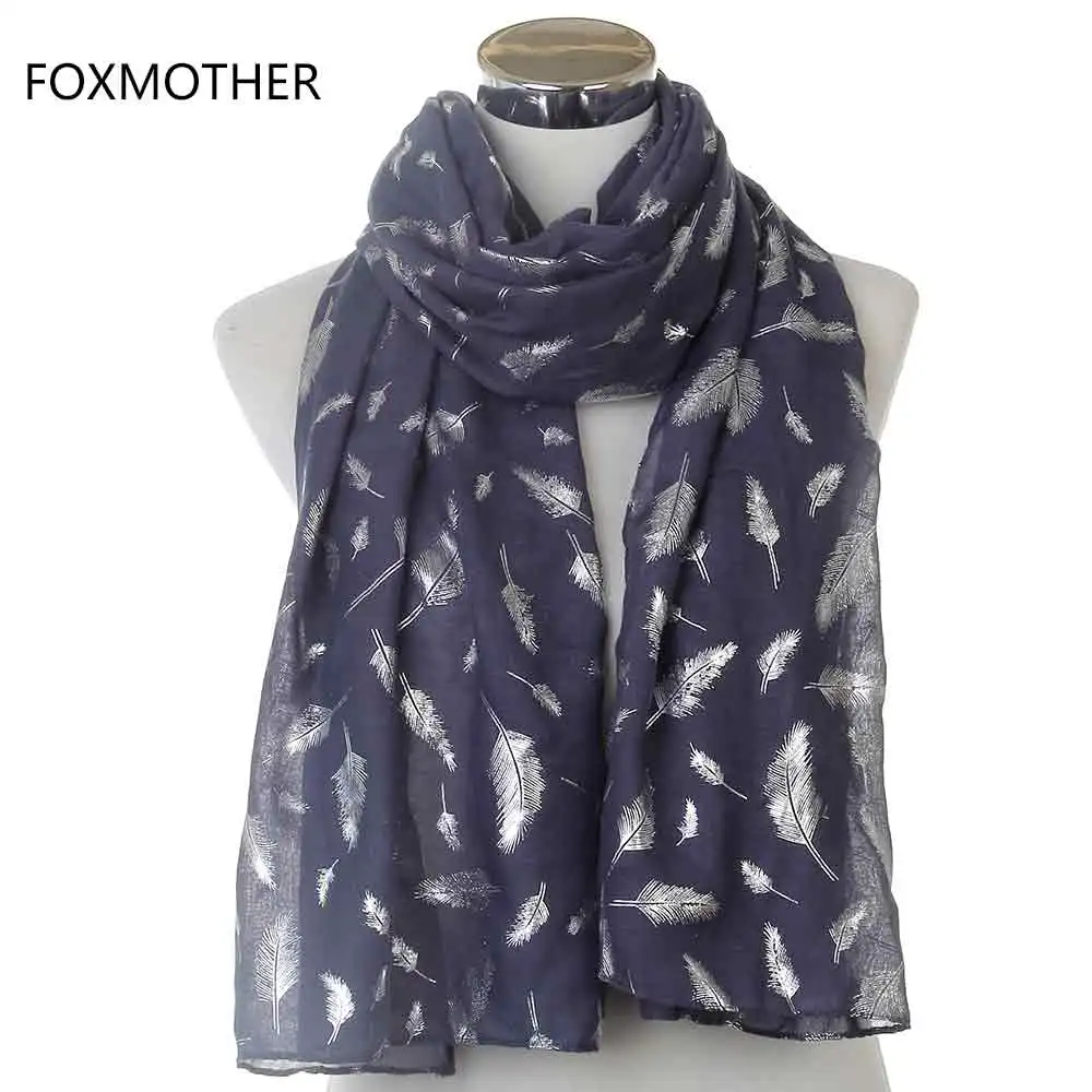 Navy Long FOXMOTHER модные женские белые темно-синие желтые бронзовые фольга Серебряное перо кольцо шарфы шейный шарф блестящий платок - Цвет: Navy Long