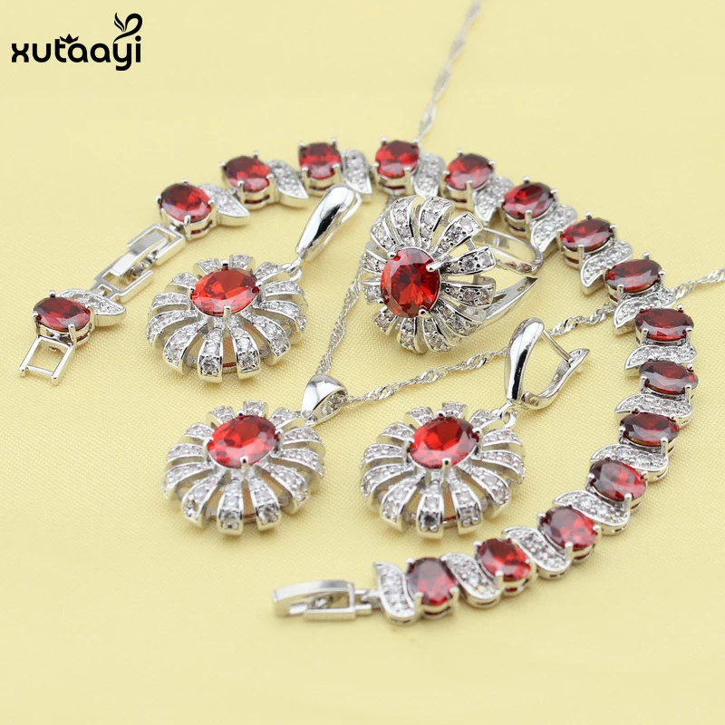

XUTAAYI Fashion Red Created Garnet Pretty Sterling Silver Overlay Jewelry Sets For women Wedding Necklace/Rings/Earring/Bracelet