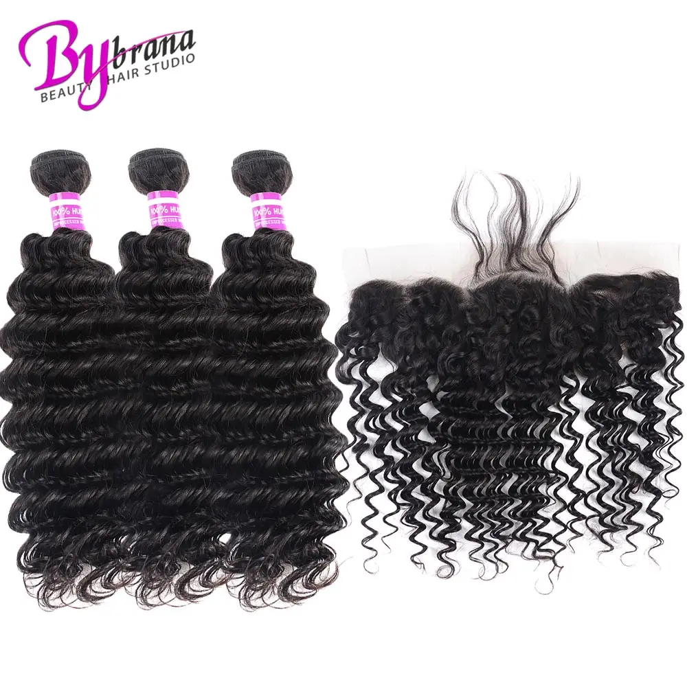 

Deep Wave Bundles With Frontal Brazilian Natural Color Remy Hair Human Hair Bundles 18 20 22 With 16Inches Lace Frontal Bybrana