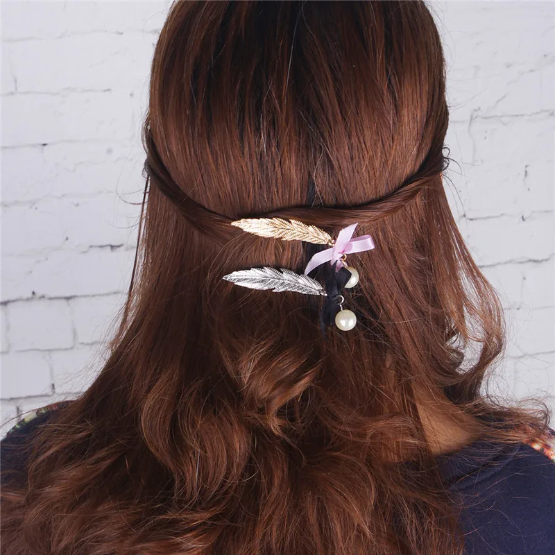 

Silk Bowknot Pearls Pendant Bridal Hair Pin Gold Silver Leaf Feather Wedding Hair Accessories