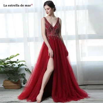 

Mezuniyet elbiseleri2019 new tulle crystal sexy V-neck open back high fork A Line burgundy prom dresses long vestidos de graduac