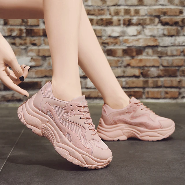 US $8.80 Womens Chunky Sneakers 2019 Fashion Women Platform Shoes Lace Up Pink Vulcanize Shoes Womens Femal