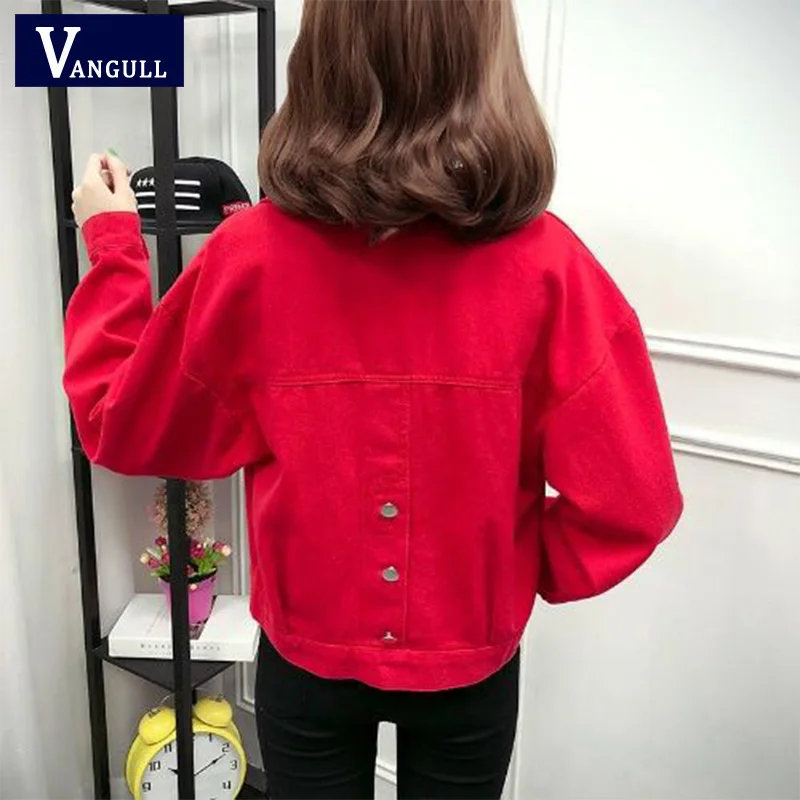 Vangull красная джинсовая куртка женская уличная винтажная одежда белые джинсовые куртки повседневные корейские короткие пальто Chamarras De Mujer