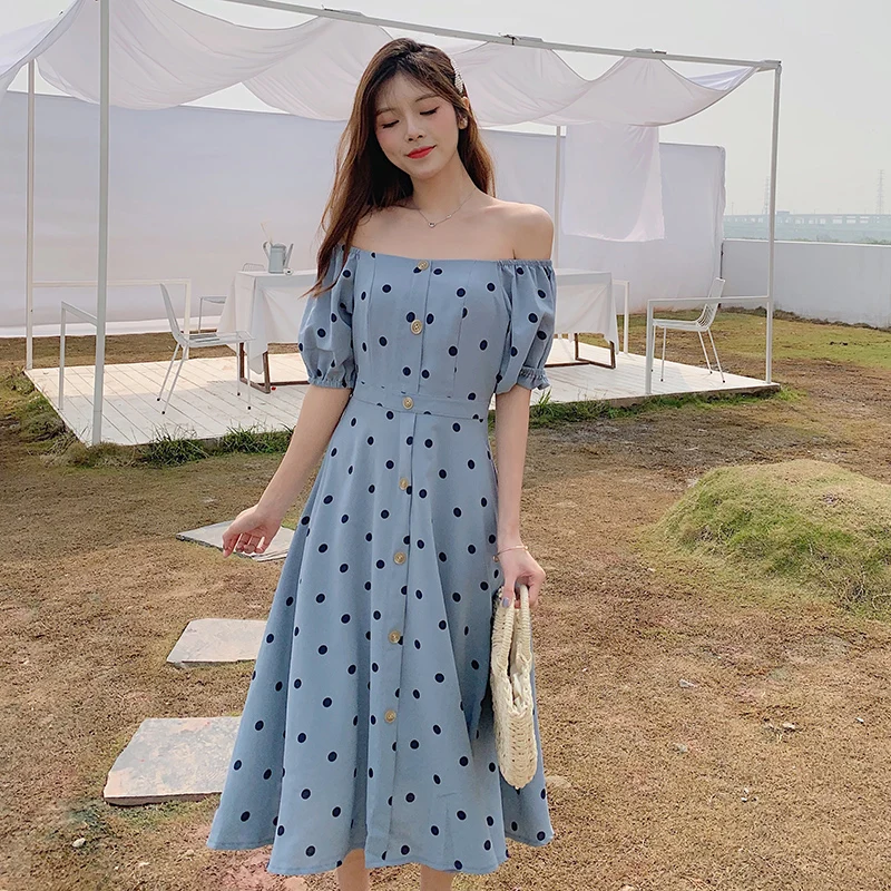 

Limiguyue polka dot print summer dress women elegant blue square collar a-line mid calf long prom party dress single button Y076