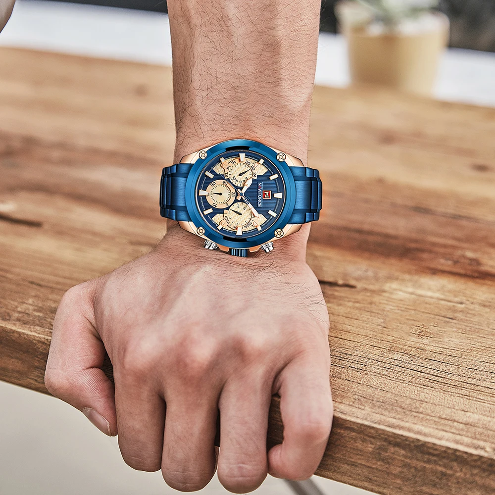 Лидирующий бренд NAVIFORCE, Роскошные Синие золотые часы, мужские Модные Спортивные кварцевые часы, полностью стальные водонепроницаемые часы, мужские часы 9113