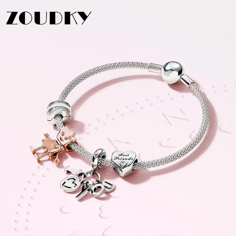 

2018 New 100% 925 Sterling Silver Mesh Bracelet Set Rose Bella Bot Charm Fit DIY Original Friendship Charm Jewelry Gift