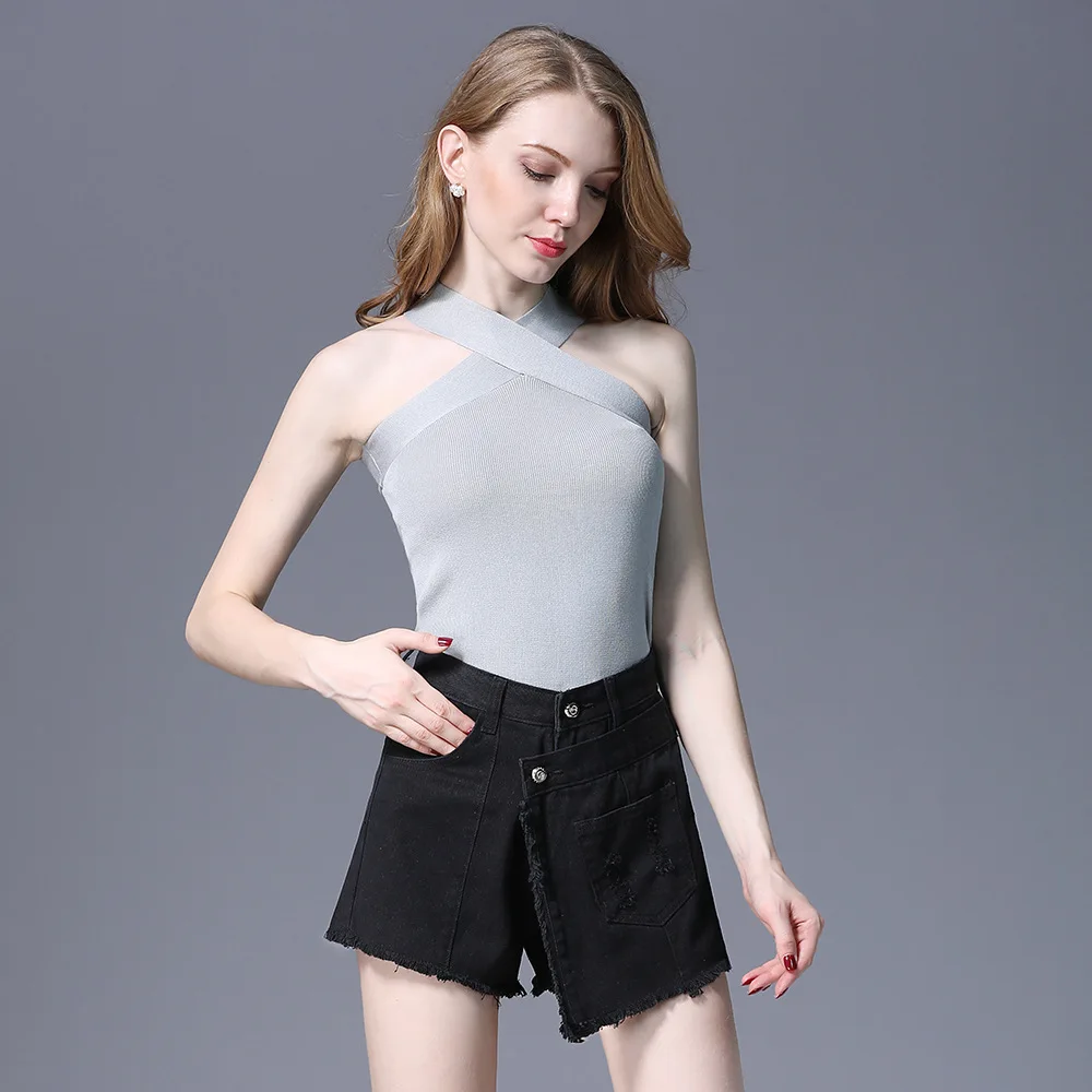 Women's summer button, white, washed high-waist denim skirt, broken edge, edging, A-line cotton culottes Women's summer button, white, washed high-waist denim skirt, broken edge, edging, A-line cotton culottes