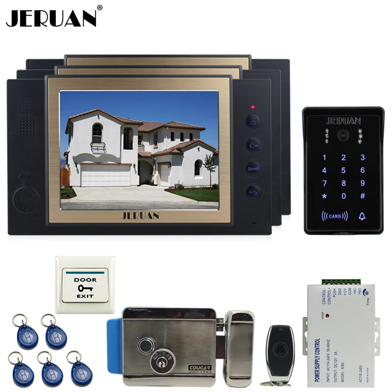 JERUAN Wired 8`` video doorphone Record intercom system kit 3 monitor New RFID waterproof Touch Key password keypad Camera 8G SD