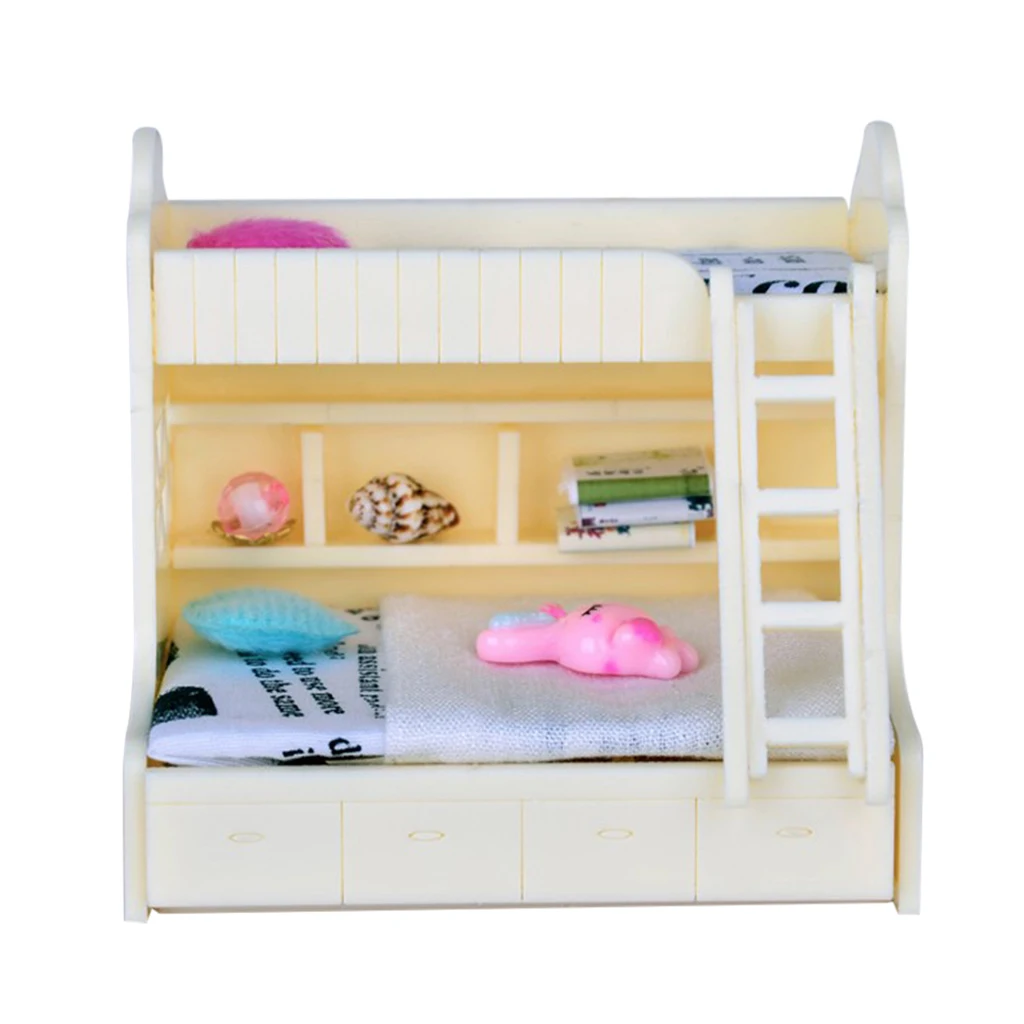 Dollhouse Bedroom Furniture Accessories White Bunk Bed with Stairs, Kids DIY Assembly Hands-on Toy Birthday Gift