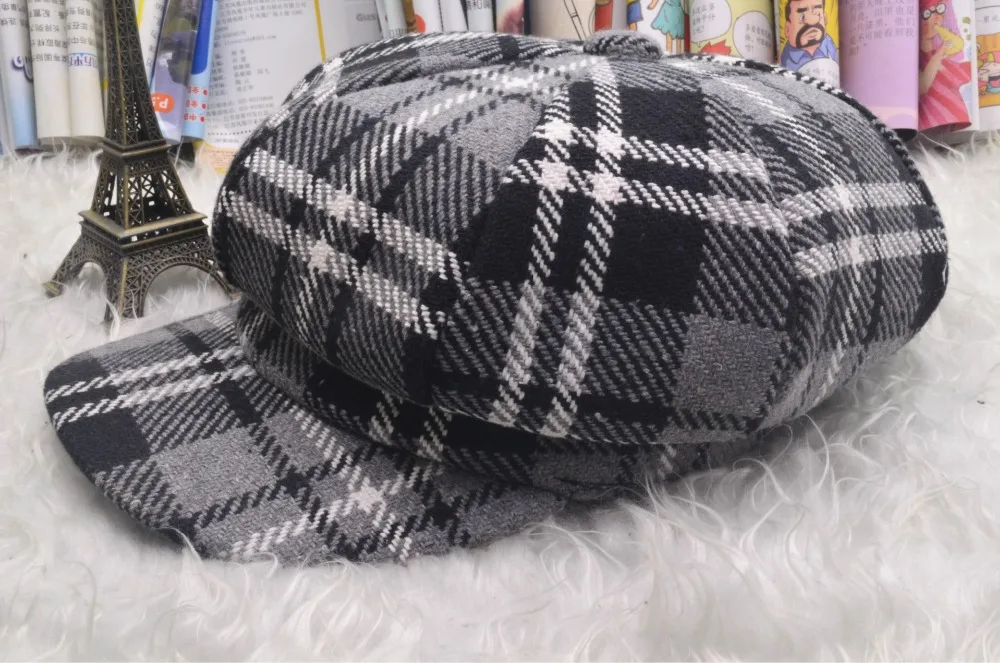 2018 New British Lattice Octagonal Fashion Hat Autumn And Winter Woolen Painter Hat Female Personality Wild Duck Tongue Hat ACB75 (1)