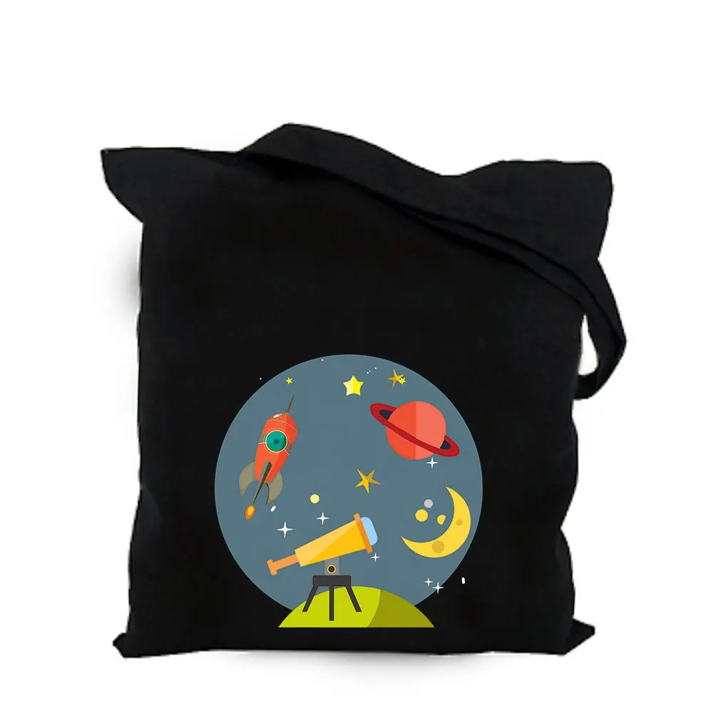 2019 cute space alien black cotton canvas bag customized kawaii girl tote bag custom shopping bags with logo for men or women  (3)