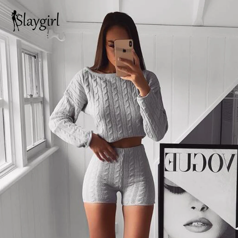 Slaygirl/осенне-зимний комплект из 2 предметов, комплект женской одежды, вязаный свитер с длинными рукавами, топы, обтягивающие шорты, костюм, сексуальный комплект