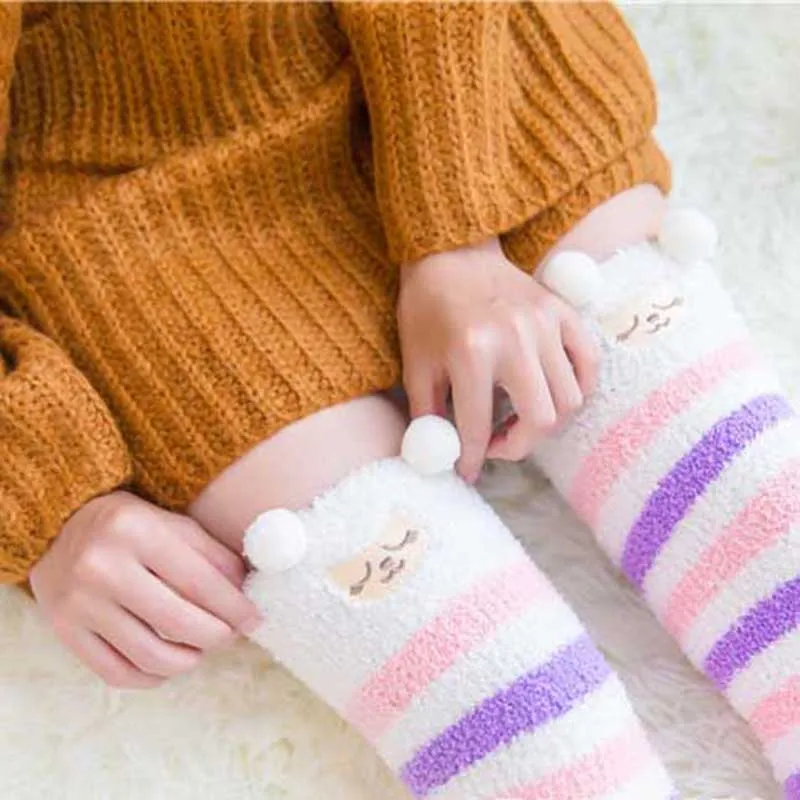 purple sheep Зимние теплые гольфы из кораллового флиса; гольфы для девочек и женщин с изображением животных; Милые гольфы в полоску; medias de mujer - Цвет: purple sheep