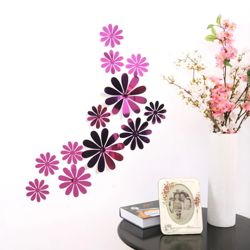 Sale 12pcs/Lot Creative 3D PVC Flowers Wall Stickers Acrylic Wall Decals For Kids Room Kitchen TV Wall Stickers Home Decor