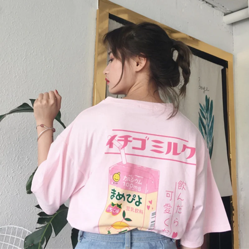 ROPALIA Женская Футболка Harajuku Kawaii с принтом молоко свободная Летняя женская