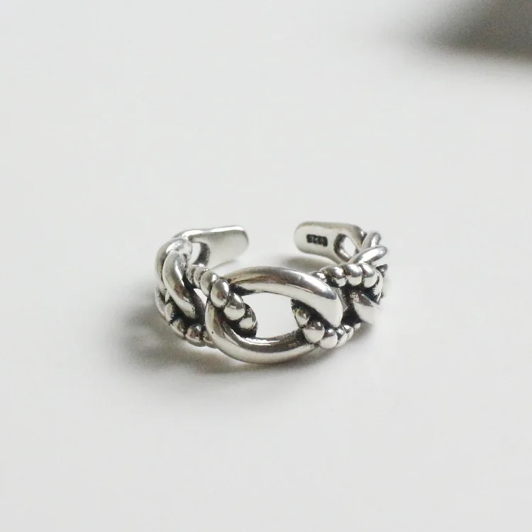 

Retro 100% Authentic S925 Sterling Silver Fine Jewelry 925 Antique Link Chain Twist Woman Rings TLJ125