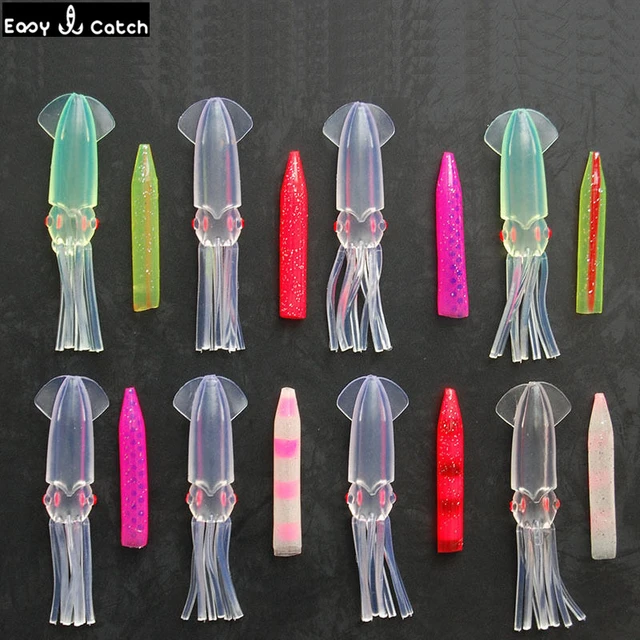 12pcs 10cm Mixed Color Soft PVC Plastic Squid Fishing Lures Saltwater  Fishing Big Luminous Artificial Squid Skirts Bait