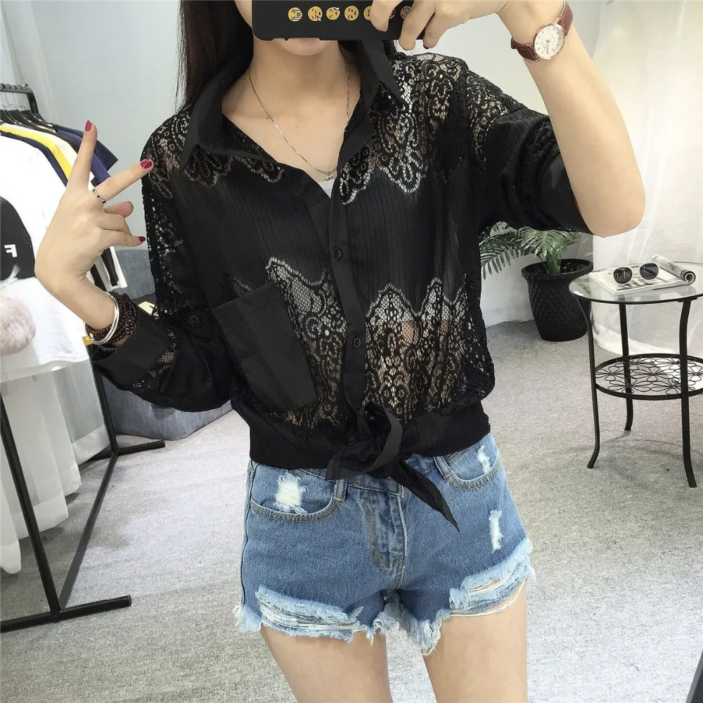 50 wholesale summer New pattern Medium long term Solid color fashion Easy Thin Lace Decorative pattern sexy Hollow shirt women