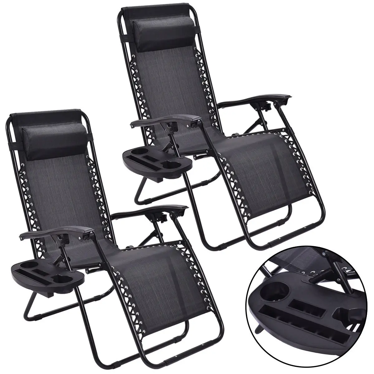 Giantex 2 шт. Zero Gravity стулья гостиная патио раскладное кресло открытый черный Портативный пляжные стул с подстаканником OP3026-2BK