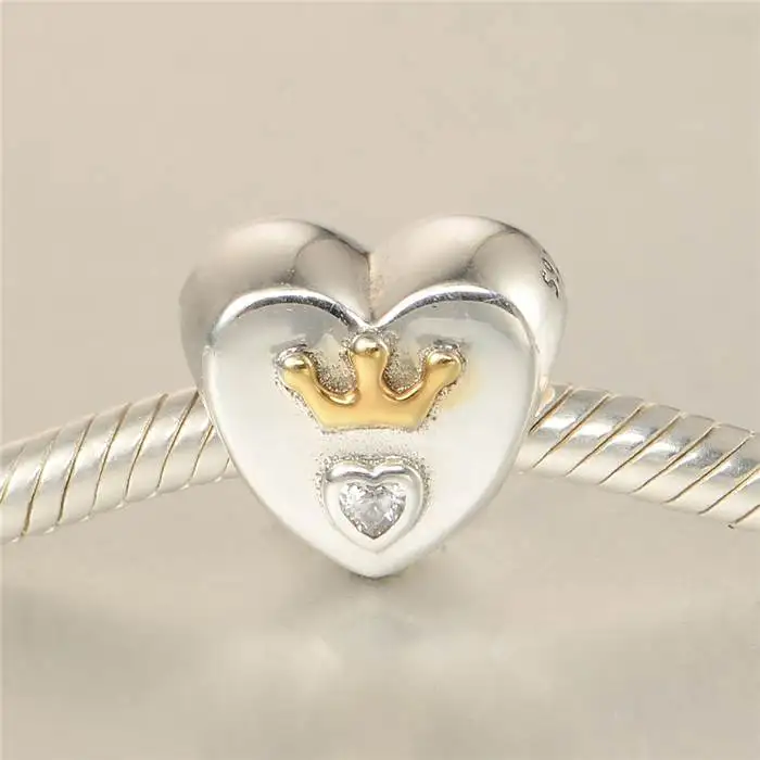 

Original 925 Sterling Silver with Light Yellow Gold Color Crown Majestic Heart Charms Beads Fits Pandora bracelet Jewelry Making