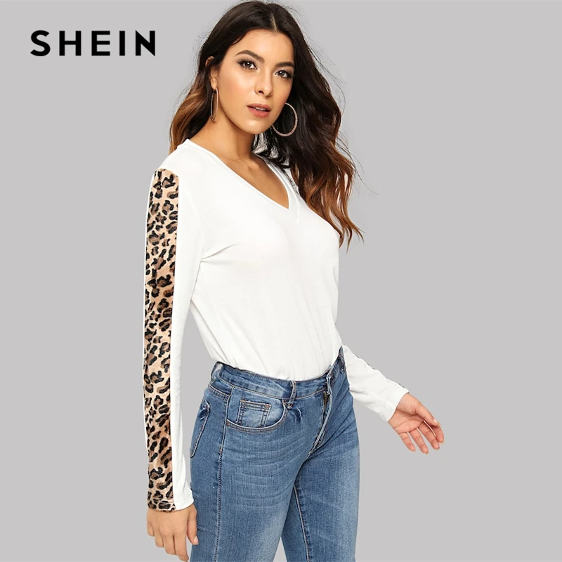 SHEIN Футболка С V-Образным Вырезом С Леопардовым Принтом Модная Футболка С Длинным Рукавом