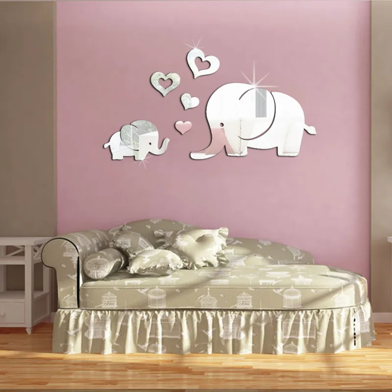 Комбинированная Зеркальная Наклейка на стену в виде слона с надписью «Love», разные цвета, для гостиной, для детской комнаты, украшения для детской комнаты, для кухни