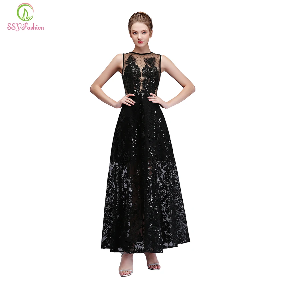 

Clearance Black Evening Dress Scoop Sleeveless Lace Appliques Sequined Elegant Party Formal Gown Robe De Soiree