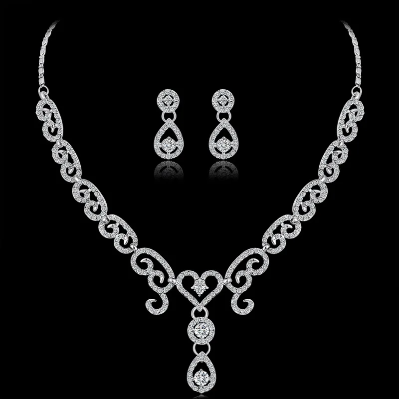 

Women Choker Necklaces Wedding Silver Jewelry Set Crystal Earring Necklace Pendant Rhinestone Waterdrop Bridal Jewelry Sets
