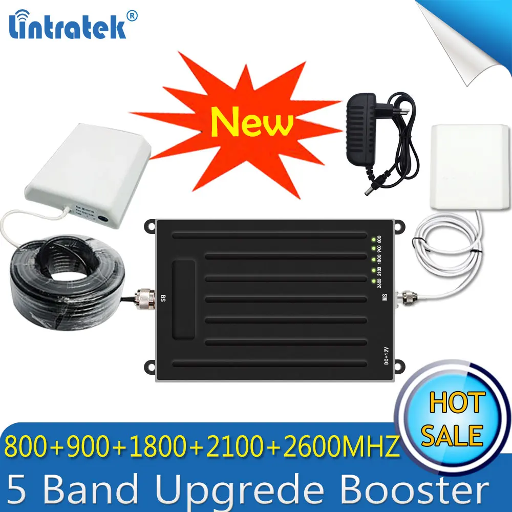 Lintratek Новый 5 полосный усилитель сигнала 800/900/1800/2100 МГц GSM 3G UMTS 4G LTE B1/B3/B7/B8/B20