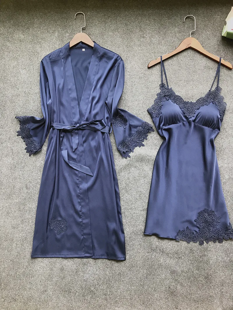 Сексуальный женский халат и платье, комплекты, кружевной Халат+ ночная сорочка, 4 штуки, пижама, Женский комплект для сна, искусственный шелк, женское белье
