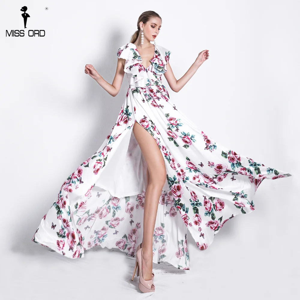 

Missord 2019 Sexy V-Neck Flower Print Sleeveless Dresses Female Two Split Elegant Ruffle Dress FT18514