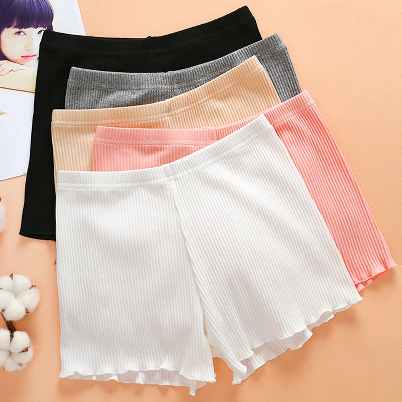 

3pcs/lot Women Girls Summer Safety Pants Thread Ribbed Striped Seamless Stretchy Underpants Solid Color Ruffled Hem Boxer Shorts