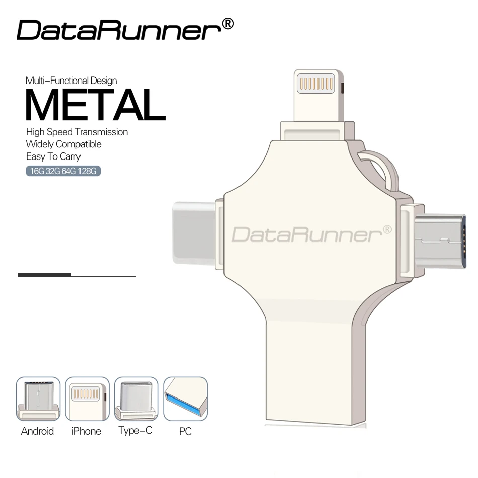 DataRunner USB флеш-накопитель OTG 4 в 1 USB3.0/iOS/type C/Micro usb флеш-накопитель 16 ГБ 32 ГБ 64 ГБ 128 ГБ флешка