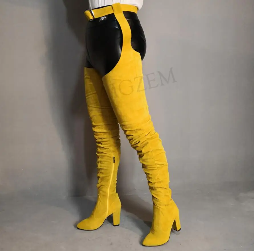 LAIGZEM Rihanna/высокие сапоги до бедра сапоги выше колена из искусственной замши на не сужающемся книзу массивном каблуке модные сапоги на молнии с ремешком на талии большие размеры 34-47 - Цвет: LGZ415 Yellow
