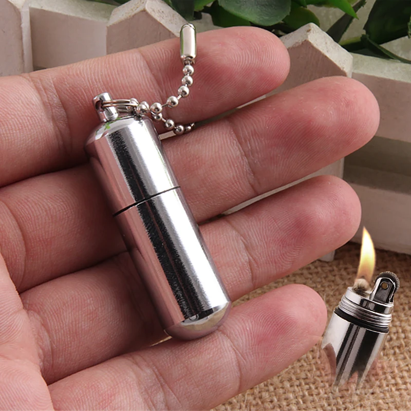 Mini Outdoor Round Capsule Shape Keychain Flint Fire Starter Kerosene
