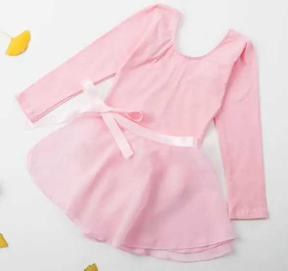 

2 Piece Girl's Ballet Dance Wear Long Sleeve Leotard Short Skirt Wrap Belt Kids Gym Outfit Dance Dress Pink Blue Black White