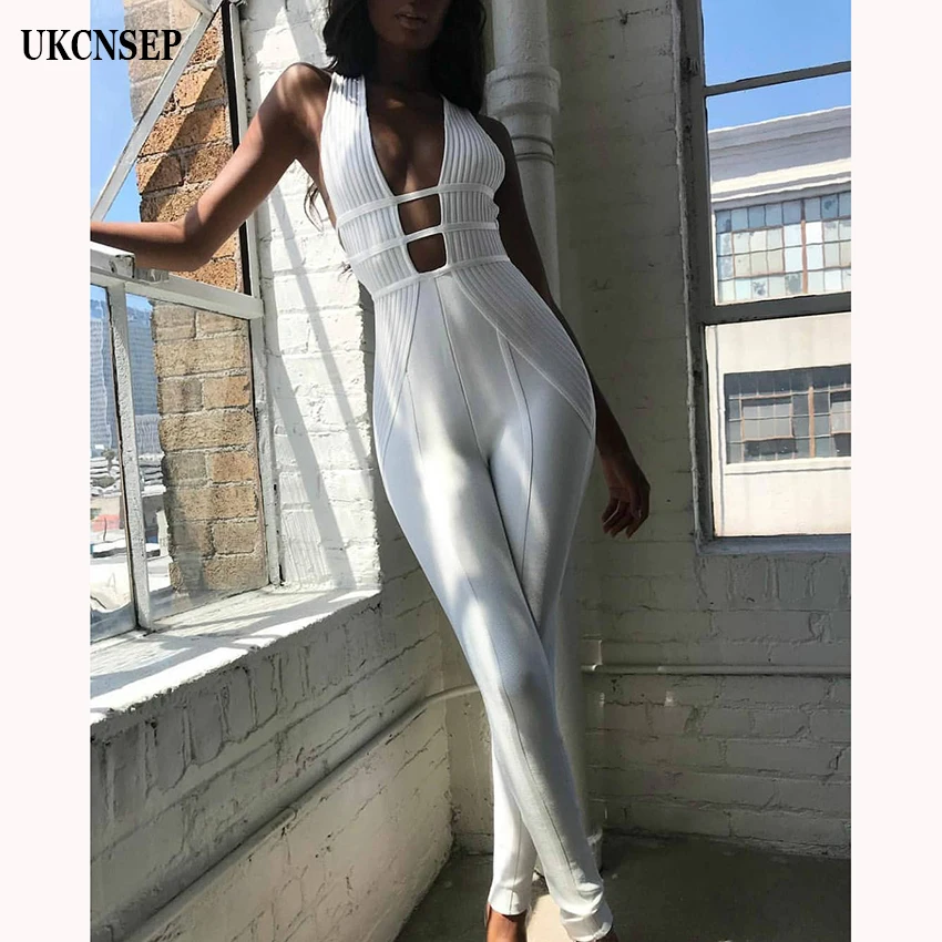 

2019 New Chic Women Sexy Bodycon Jumpsuits Sleeveless Deep V Striped Elegant Bandage Jumpsuit Celebrity Party Jumpsuit