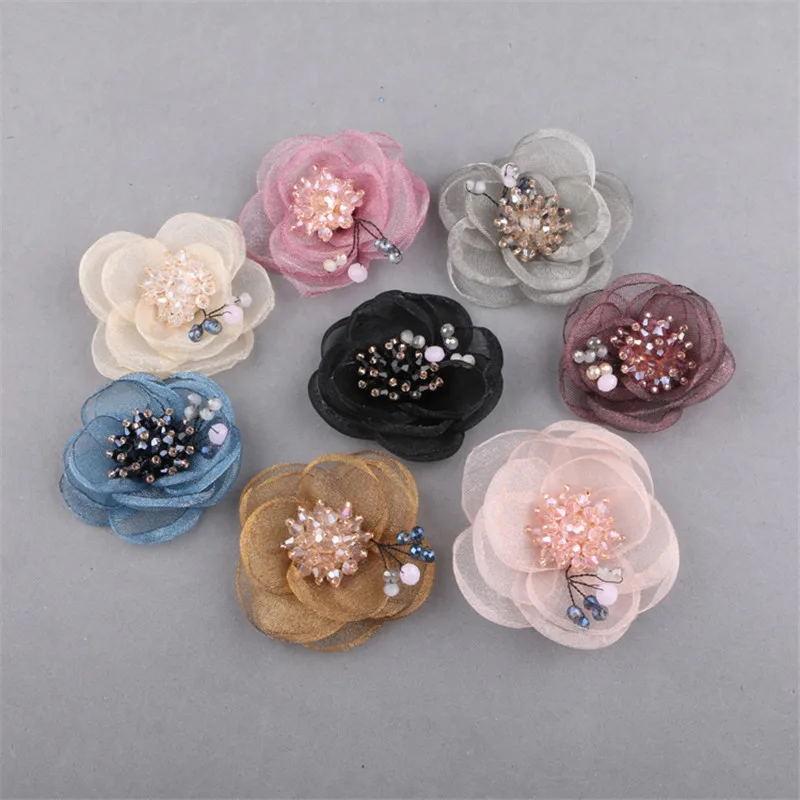 

Free Shipping 10PCS/Lot Floral Crystal Rhinestone Core Decorated Chiffon Flowers Button Patch Sticker Craft Fit Girls Hair Clips