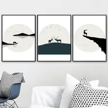 Simple Deer Moon Bird Flock Wall Art Canvas Painting Nordic Posters And Prints Animal Wall Pictures For Living Room Home Decor