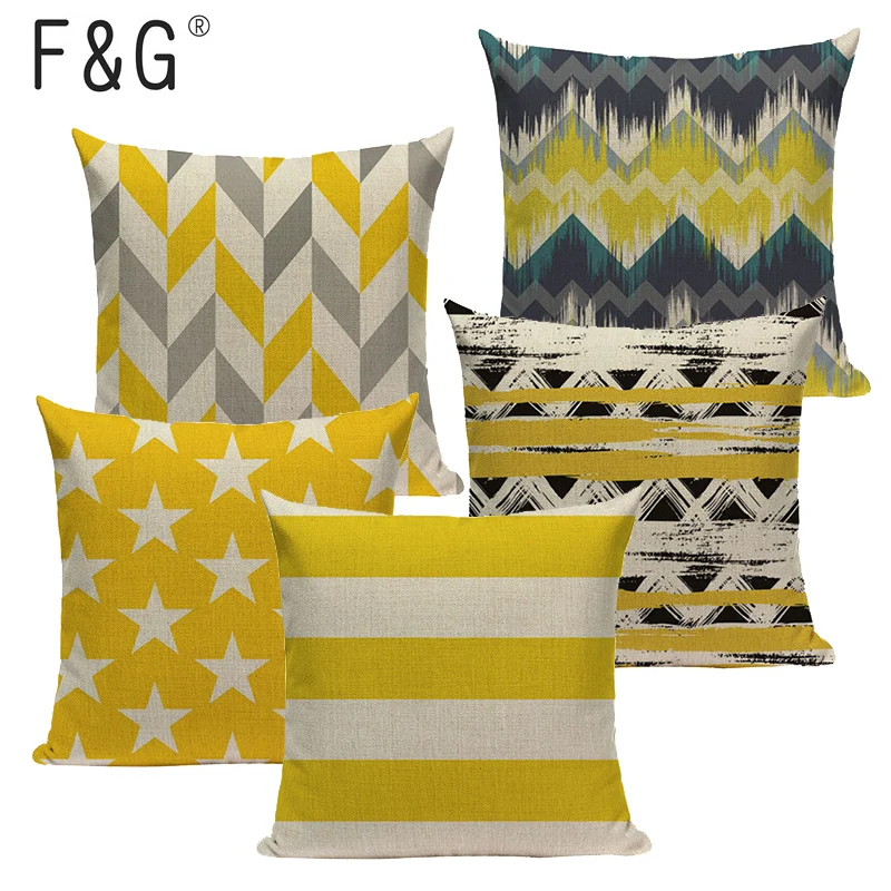 cheap Chevron Yellow Linen Cotton Geometry Decor Throw Pillows Case Linen for Sofa Car Cotton Cushion Cover Creative Decoration Custom