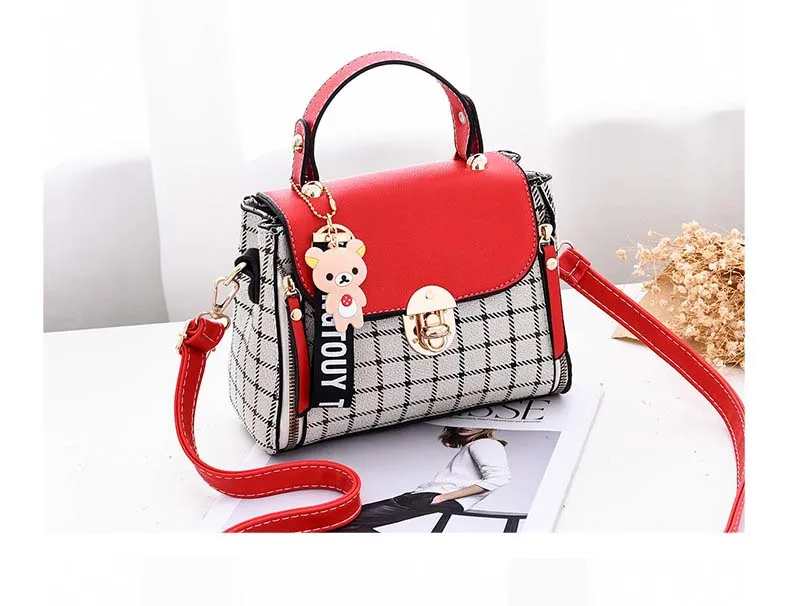 Women PU leather Plaid Bucket Handbag Fashion Panelled Small Printing Crossbody Shoulder Bag Female Elegant Bear Tote Purse Bags (13)